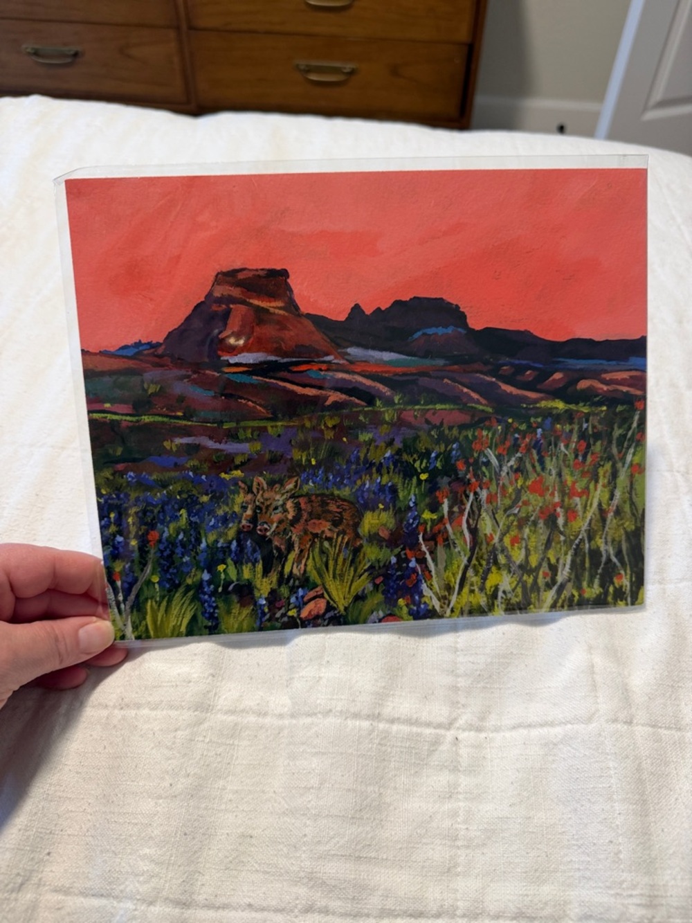 Vibrant Red Landscape Art Print with Wildflower Field